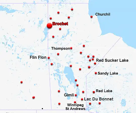 Map showing the location of Brochet in Manitoba